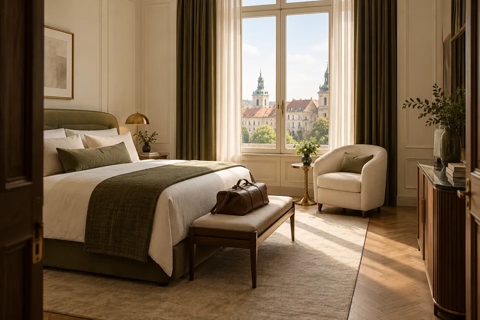 Apartament widziany od wejścia z łóżkiem, fotelem i ławką na bagaż Apartament widziany od wejścia z łóżkiem, fotelem i ławką na bagaż