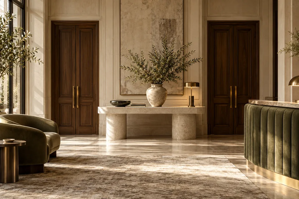 Lobby z drewnianymi drzwiami, kamienną konsolą i zieloną ławką Lobby z drewnianymi drzwiami, kamienną konsolą i zieloną ławką